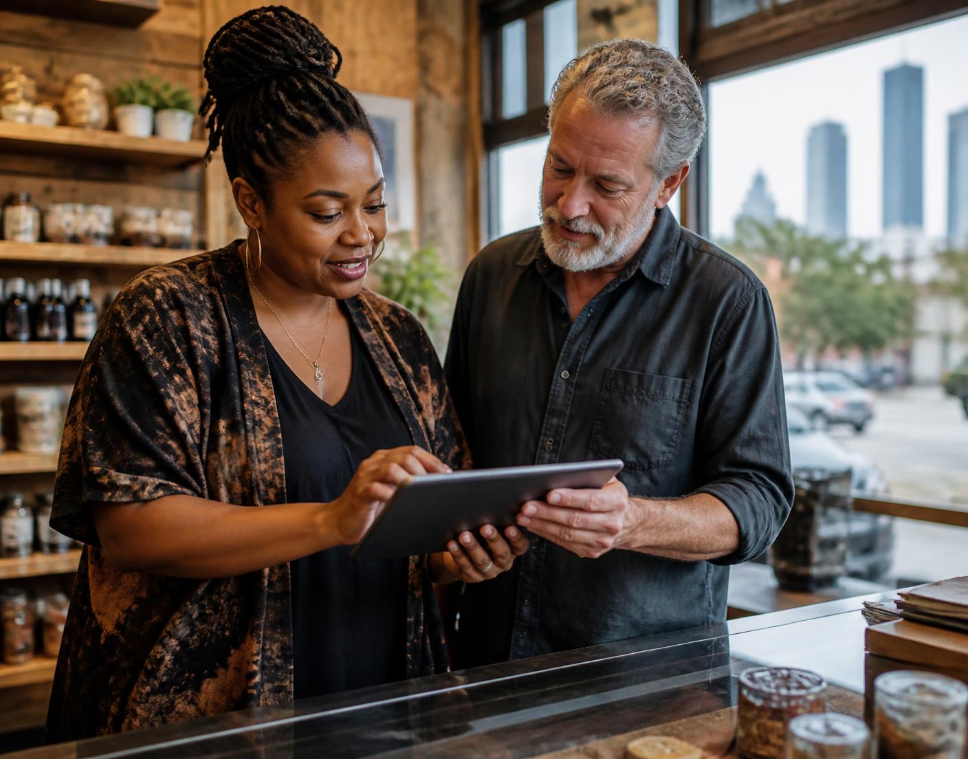 Two Houston business owners mapping out their marketing plan together at a counter