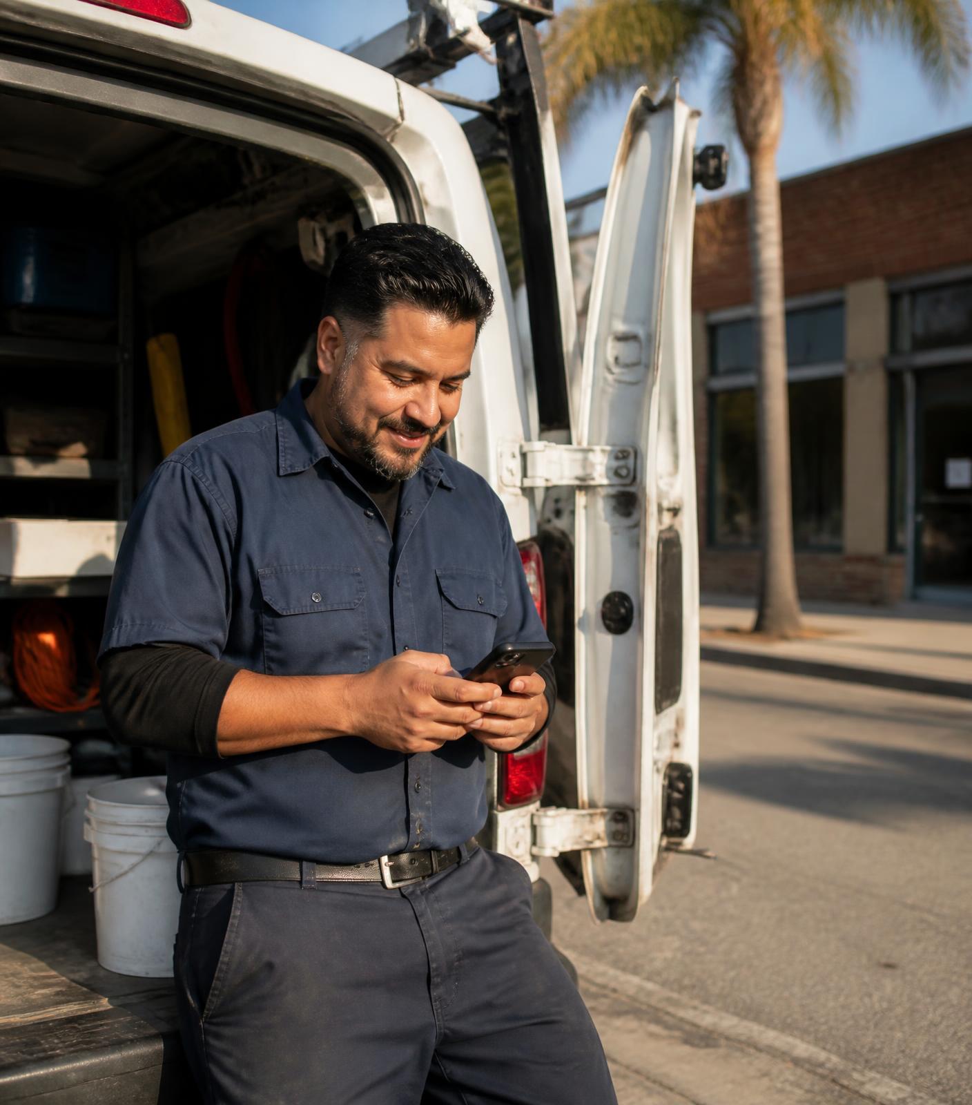 Houston contractor checking search results on a phone outside a job site